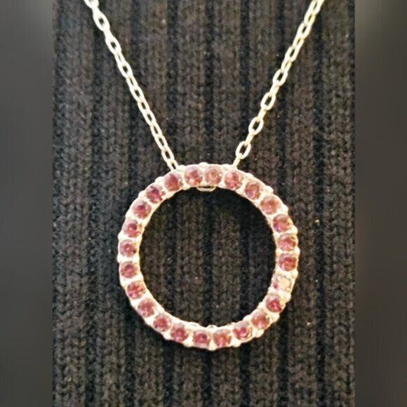 Silvertone Pink Rhinestone Circle Pendant & Ball Chain Necklace - Picture 4 of 6
